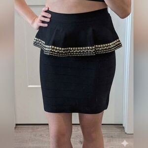 NWT Bebe Black Peplum Bodycon Pencil Skirt with Gold Stud Accents XS